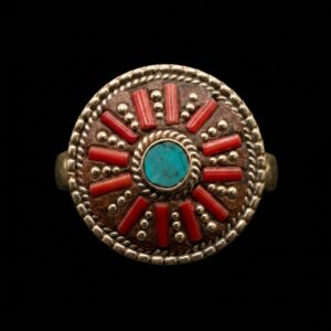 Anello artigianale Etnico Tibetano in Ottone argentato Fiore di Corallo e Turchese