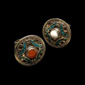Anello Etnico Artigianale Tibetano Ode alla Luna con Turchese, Ambra e Calcite in Ottone Argentato
