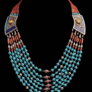 Collana Etnica Tibetana 7 fili a scalare in ottone argentato con Ambra Turchese e Corallo