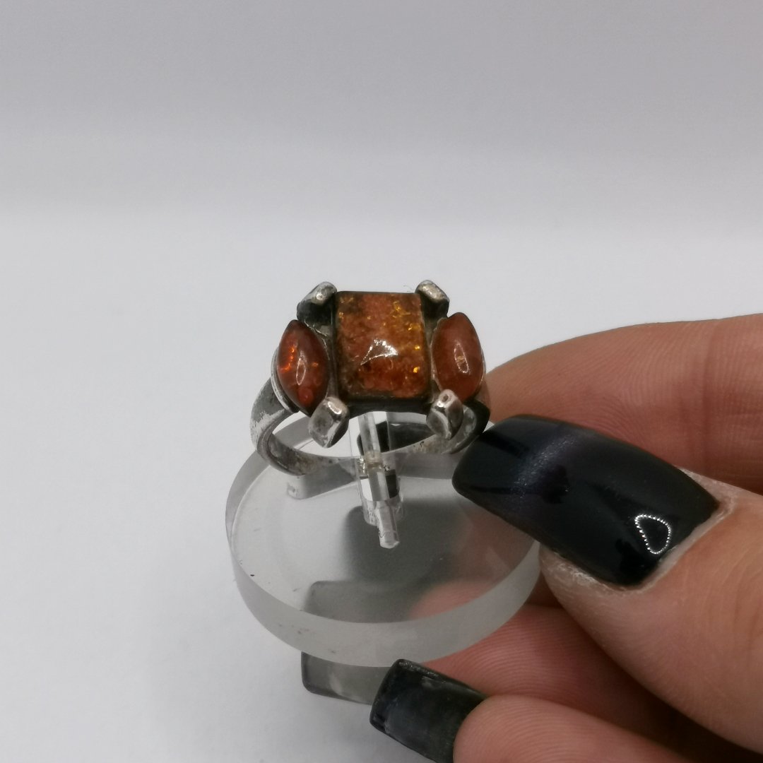 Anello Doppio Marquise con Rettangolo in Ambra Baltica e Argento