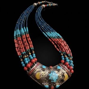 Collana artigianale Etnica Tibetana in ottone con Ambra, Turchese e Corallo