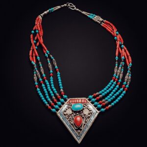 Collana artigianale etnica Tibetana con Centrale taglio Diamante in ottone argentato, Corallo e Turchese