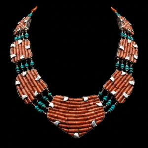 Collana artigianale Etnica Tibetana in ottone argentato con Corallo Bambu e Turchese