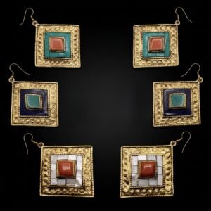 Orecchini Etnici Tibetani Rombo Sacro con Turchese, Corallo e Madreperla