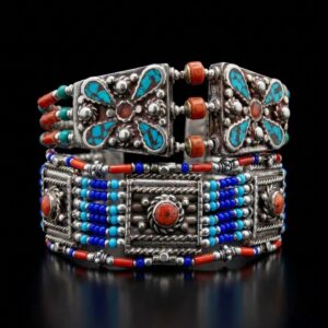Bracciale artigianale Etnico Tibetano Portali di Lhasa in Ottone Argentato con Turchese e Corallo