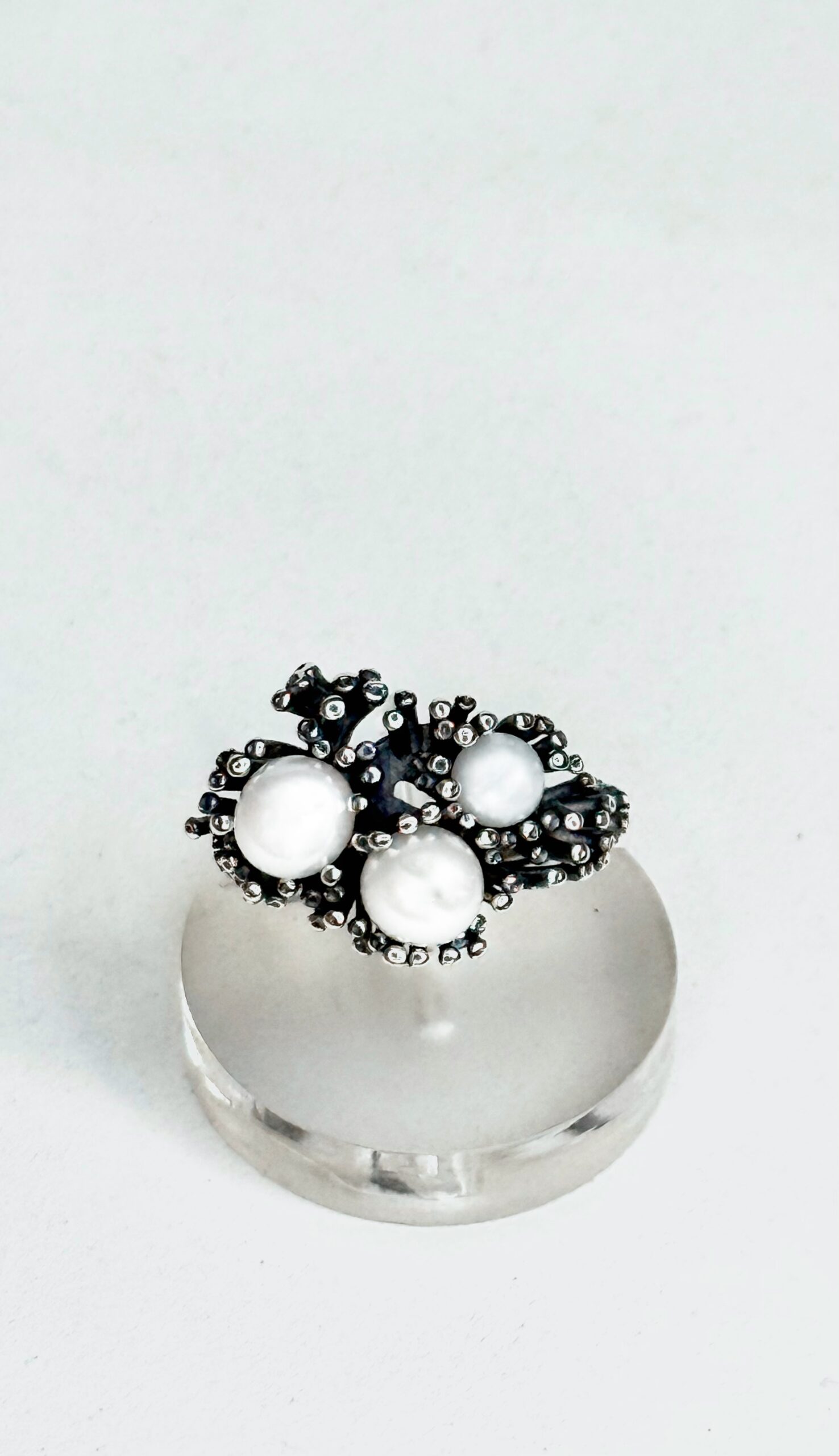 Anello a fascia con rami di corallo e perle