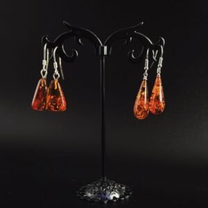 Orecchini Triangolo Goccia Argento 925 Ambra con Inclusioni - Design Geometrico