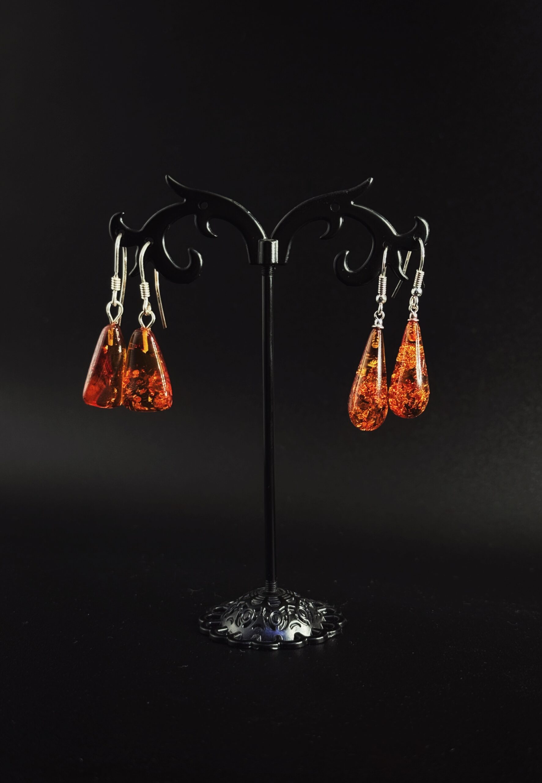 Orecchini Triangolo Goccia Argento 925 Ambra con Inclusioni - Design Geometrico