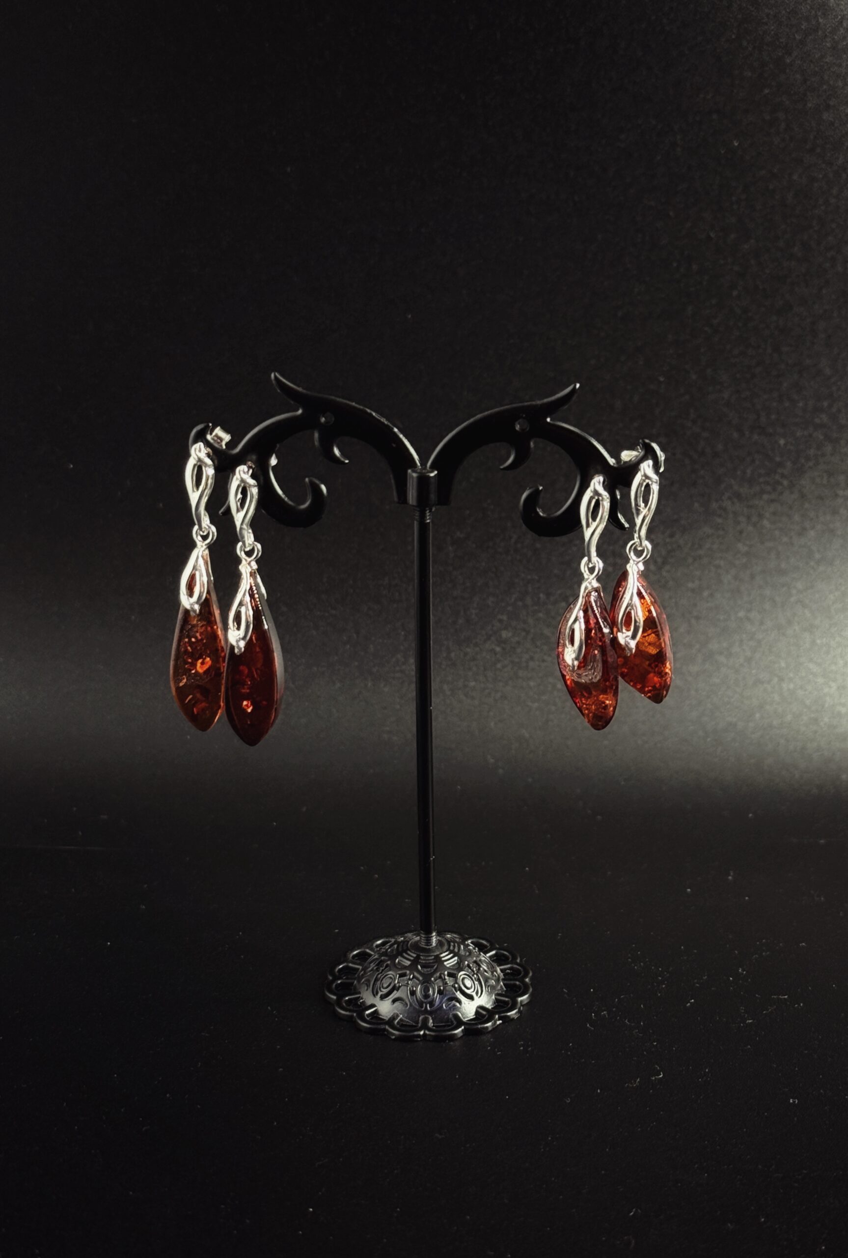 Orecchini Goccia Allungata Cornice Decorativa Argento 925 Ambra Cognac