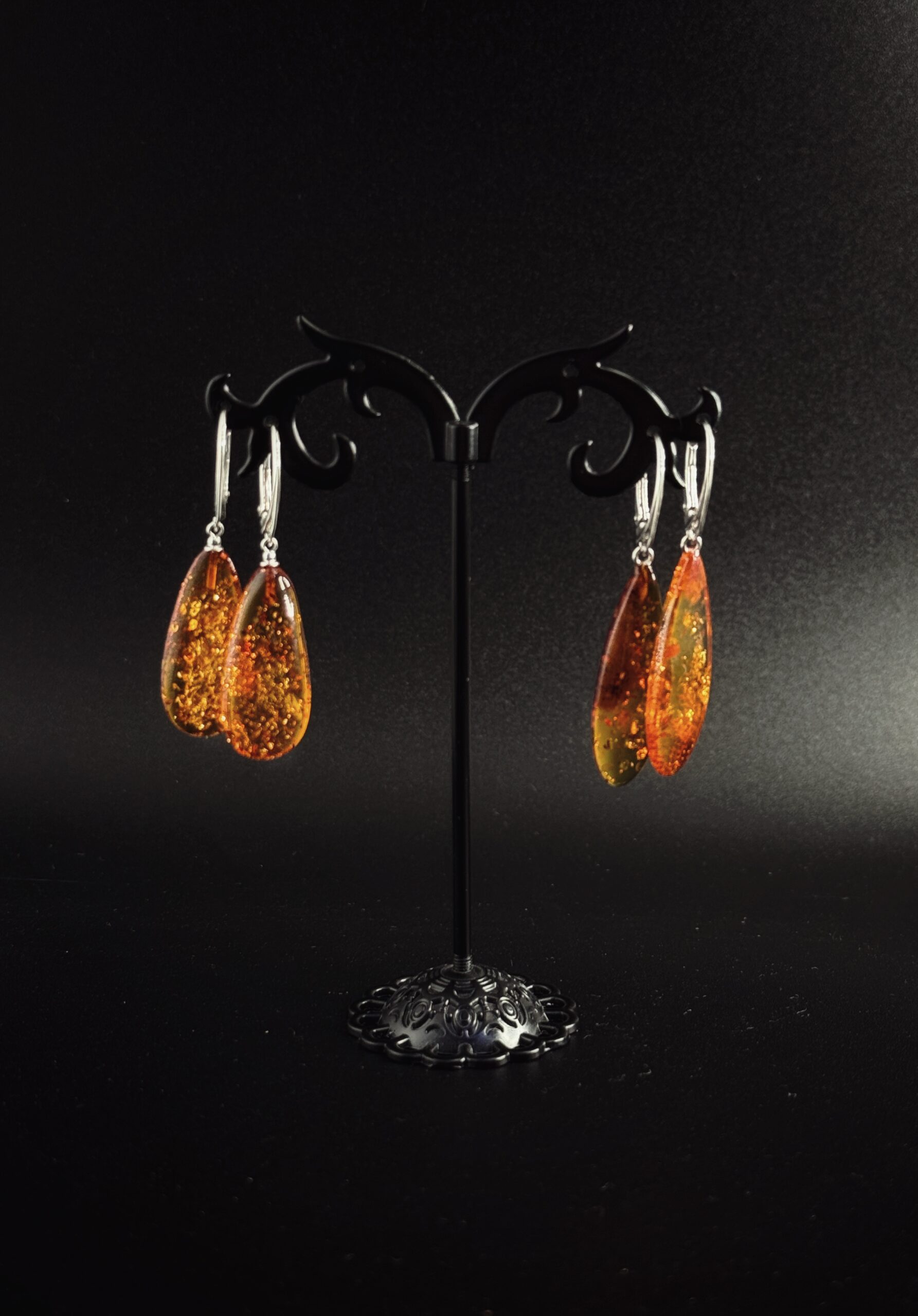 Orecchini Goccia Irregolare Argento 925 Ambra Multicolor - Design Organico Naturale