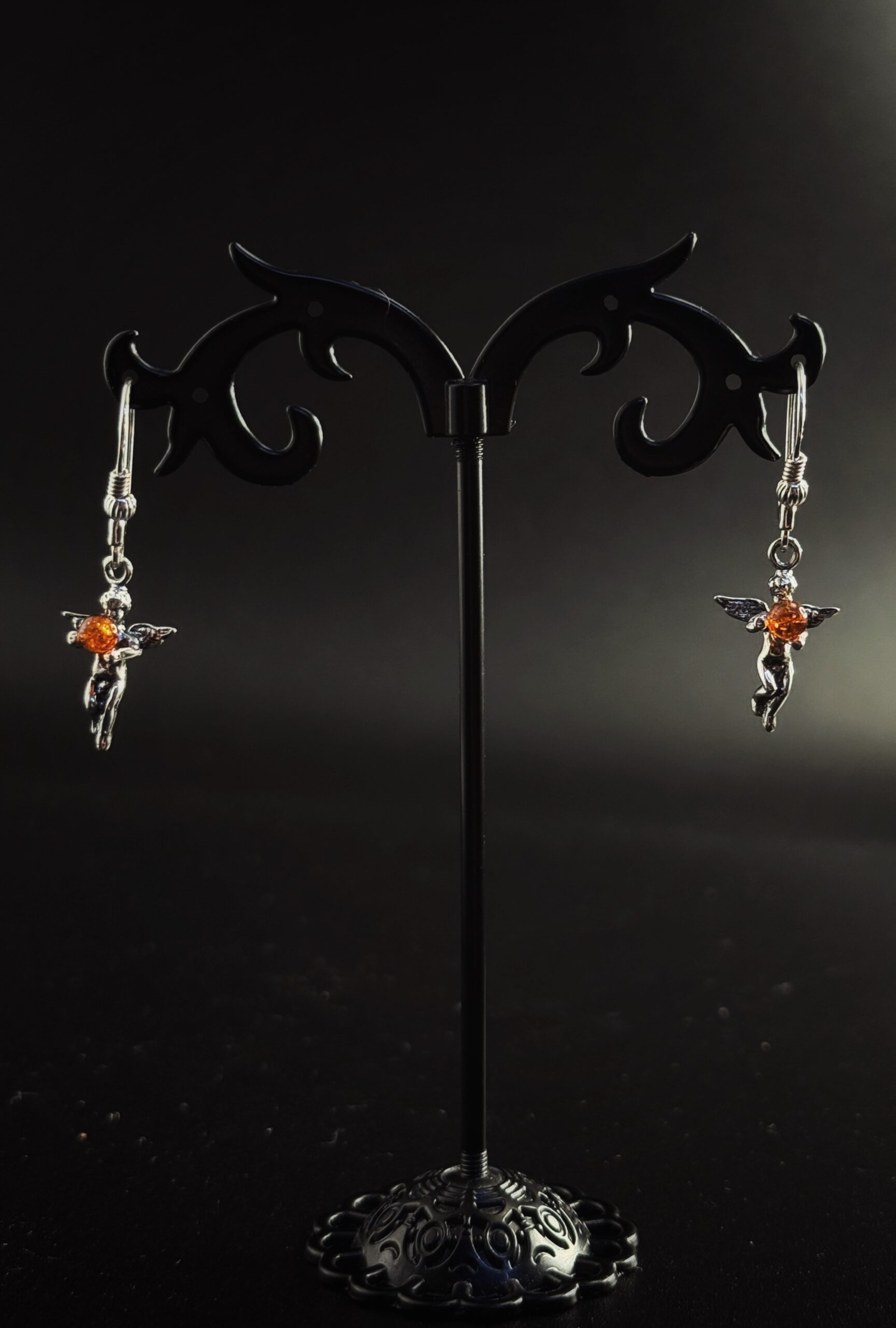 Orecchini Angioletto Argento 925 Ambra Cognac - Pendenti Angelo Custode Protezione