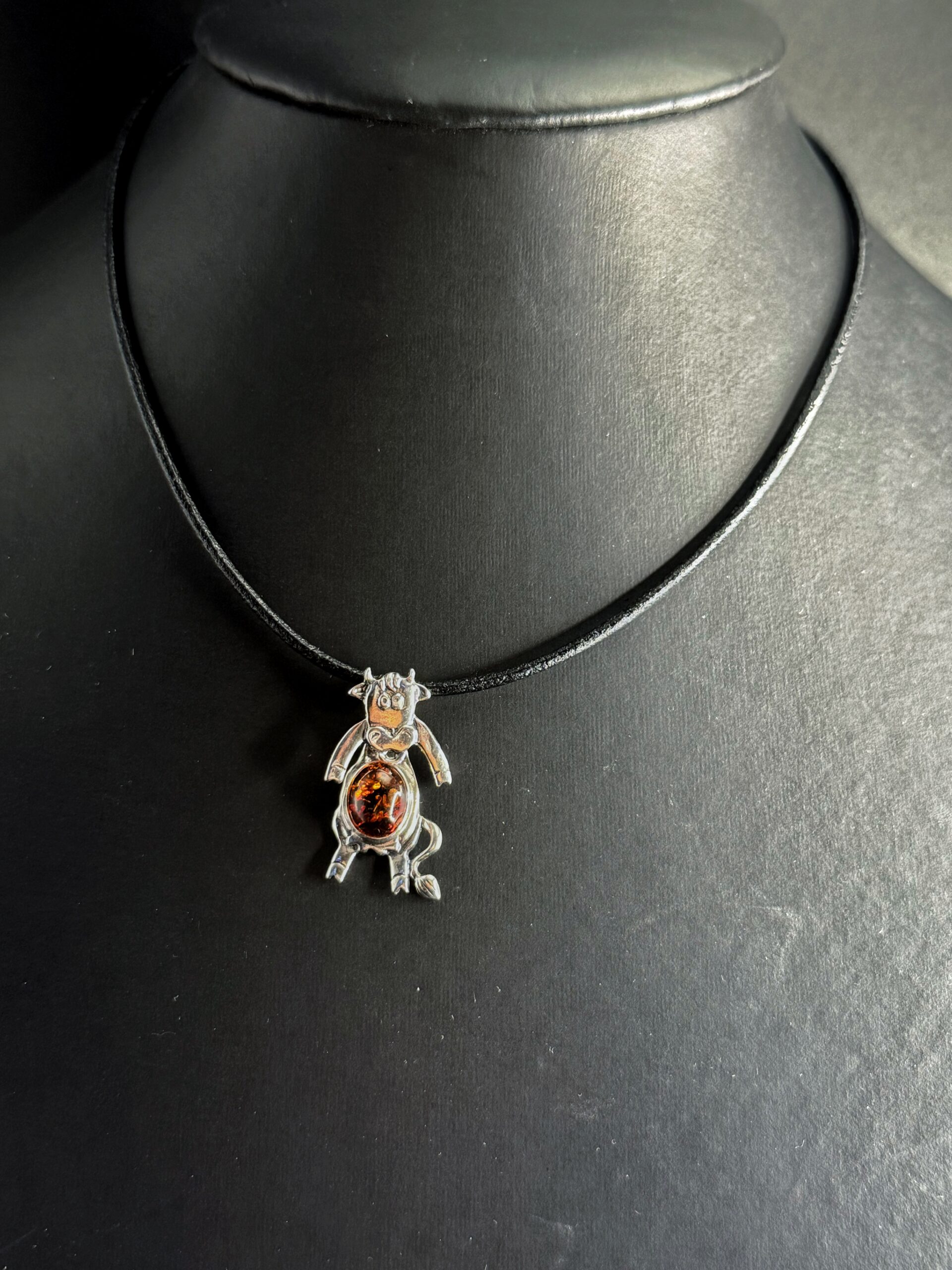 Ciondolo Mucca Argento 925 Ambra Baltica - Pendente Portafortuna Abbondanza