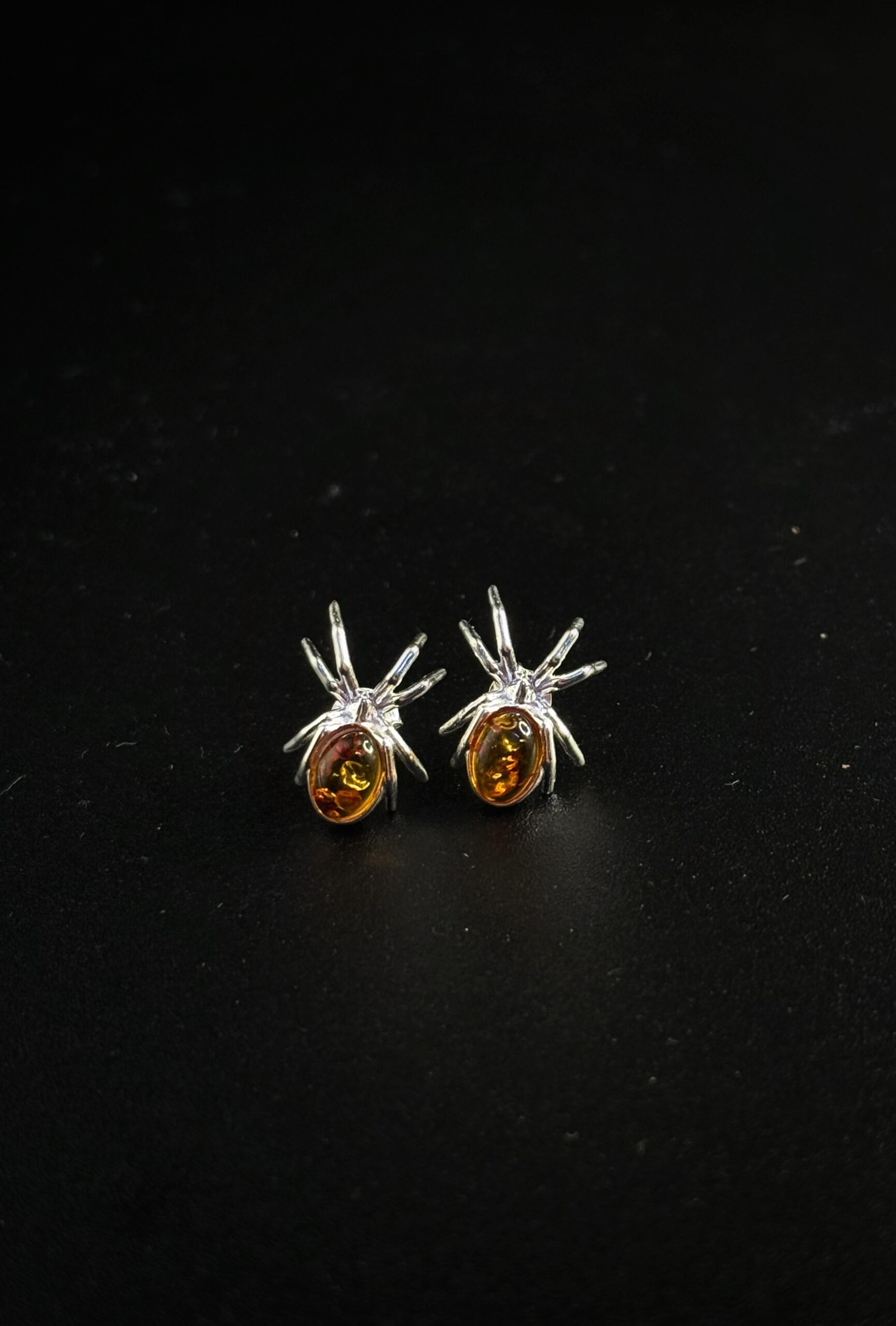 Orecchini Lobo Ragno Spider Argento 925 Ambra Cognac - Design Gotico Creativo