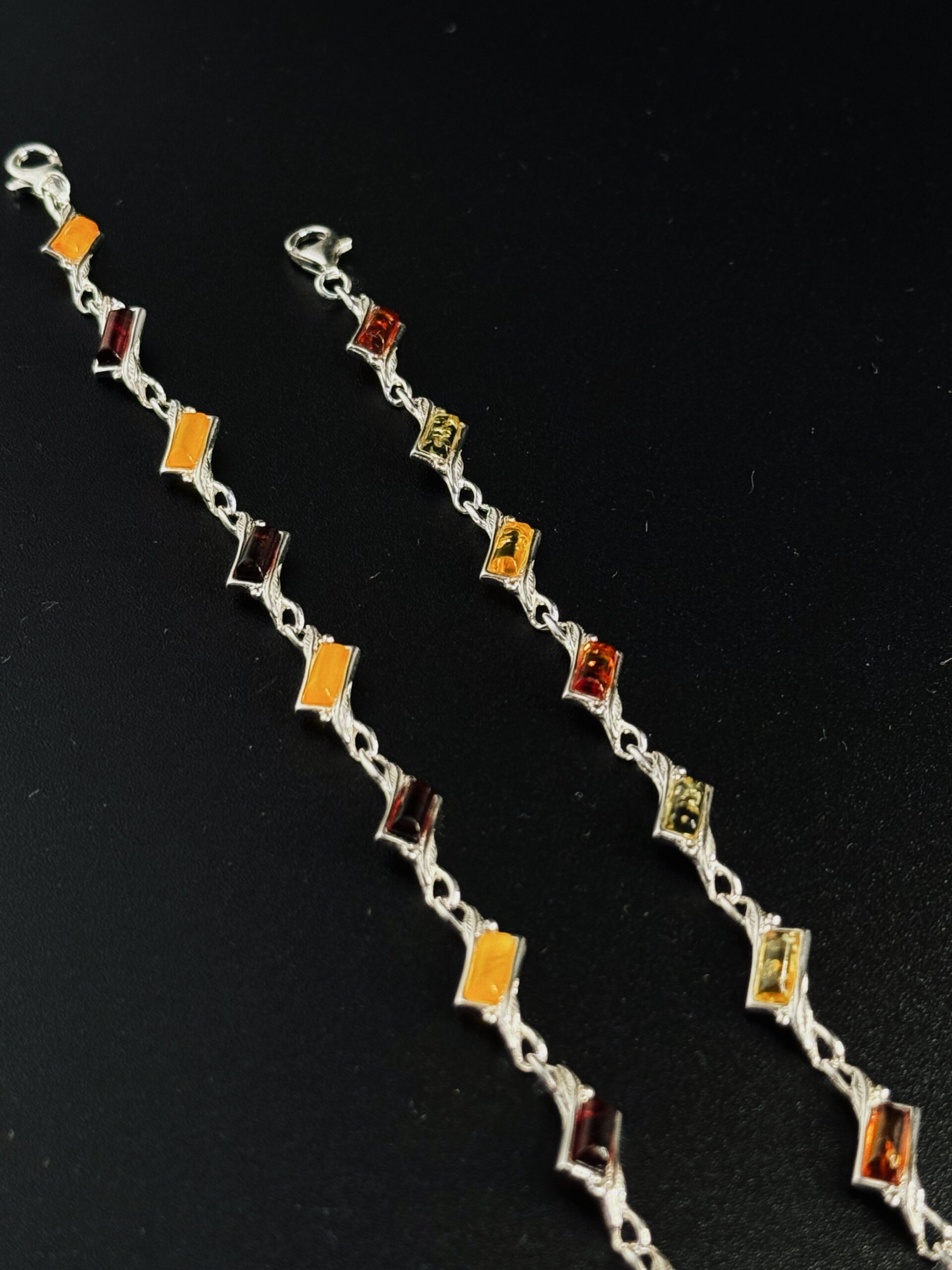 Bracciale Argento 925 Ambra Baltica Rettangolare - Design Geometrico Multicolor Moderno