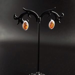 Orecchini Lobo Ovale Argento 925 Ambra Cornice Perlata Vintage