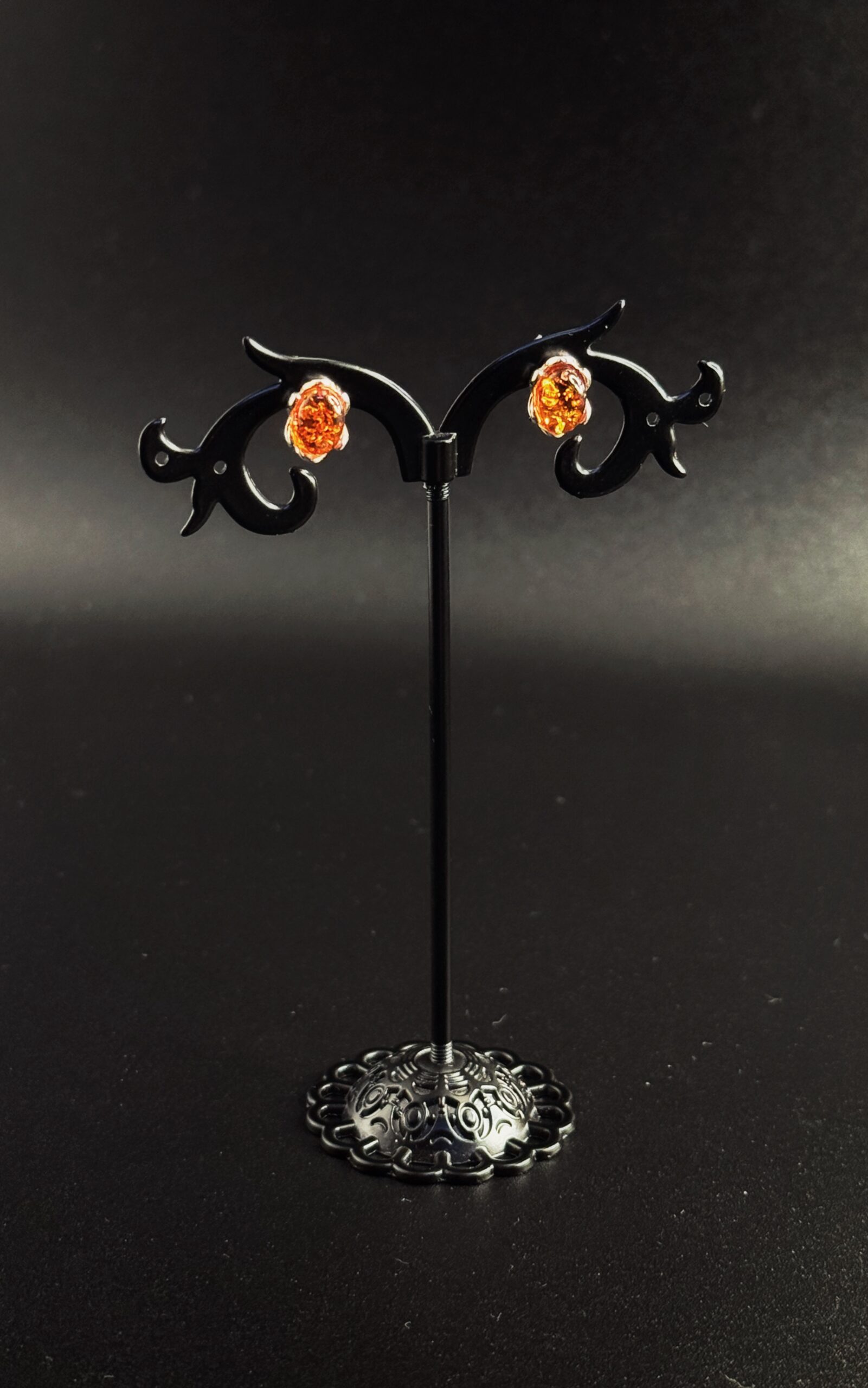 Orecchini Lobo Cornice Petali Argento 925 Ambra Cognac Inclusioni - Design Organico