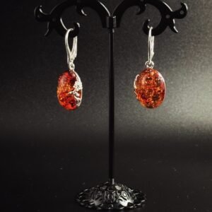 Orecchini Pendenti Ovale Argento 925 Ambra Cherry Dettaglio Floreale