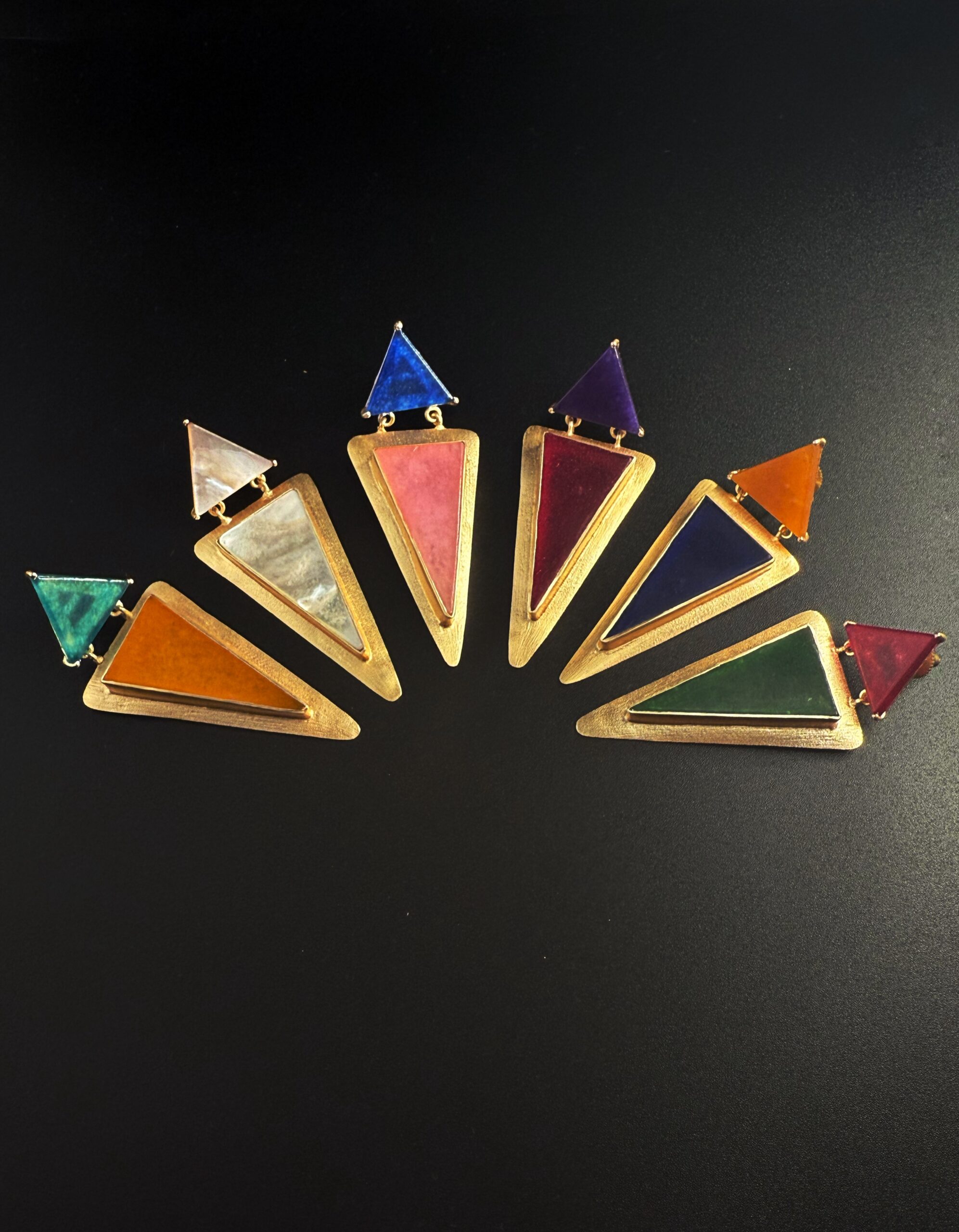 Orecchini Pendenti Doppio Triangolo Ottone Placcato Oro 24K e Agata