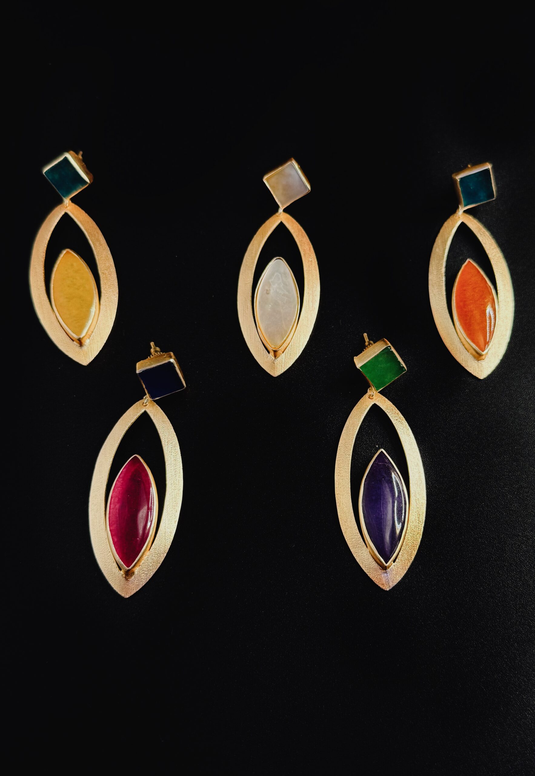 Orecchini Pendenti Marquise Bicolore Ottone Placcato Oro 24K e Agata