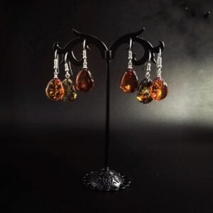 Orecchini Pendente Goccia Ambra Multicolor e Argento 925 - Design Organico Naturale