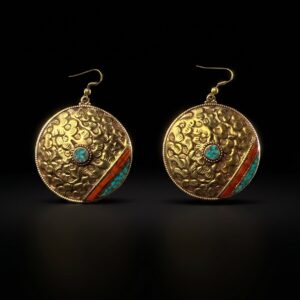 Orecchini Tibetani Sfere Intarsiate Pendenti in Ottone, Turchese e Corallo Bambú
