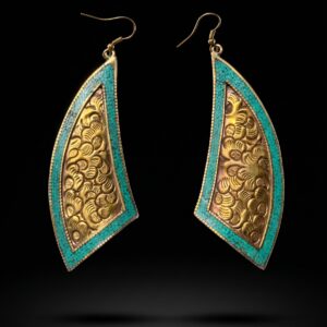 Orecchini Tibetani Zanne in Ottone, Turchese e Corallo Bambú